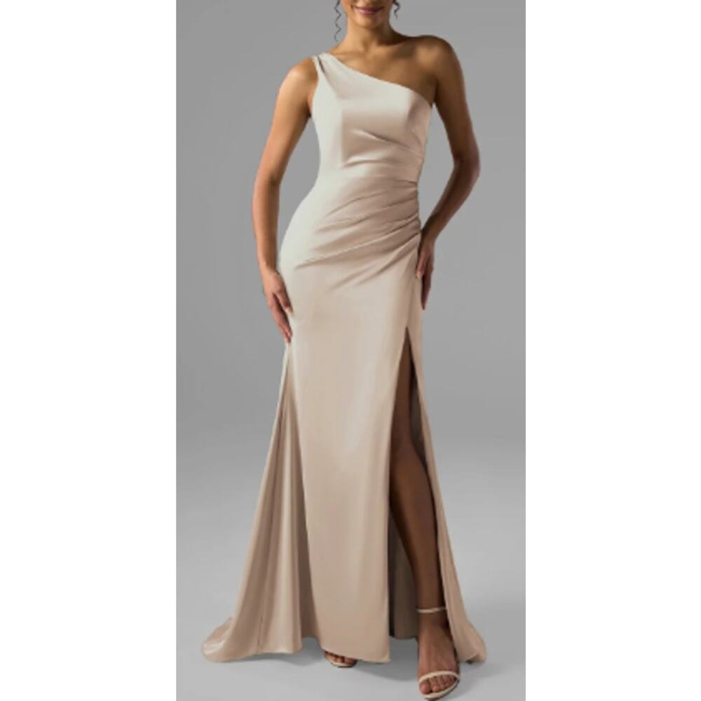 AW BRIDAL 8 M taupe Rohan satin wedding formal bridesmaid maxi dress NEW 0B5